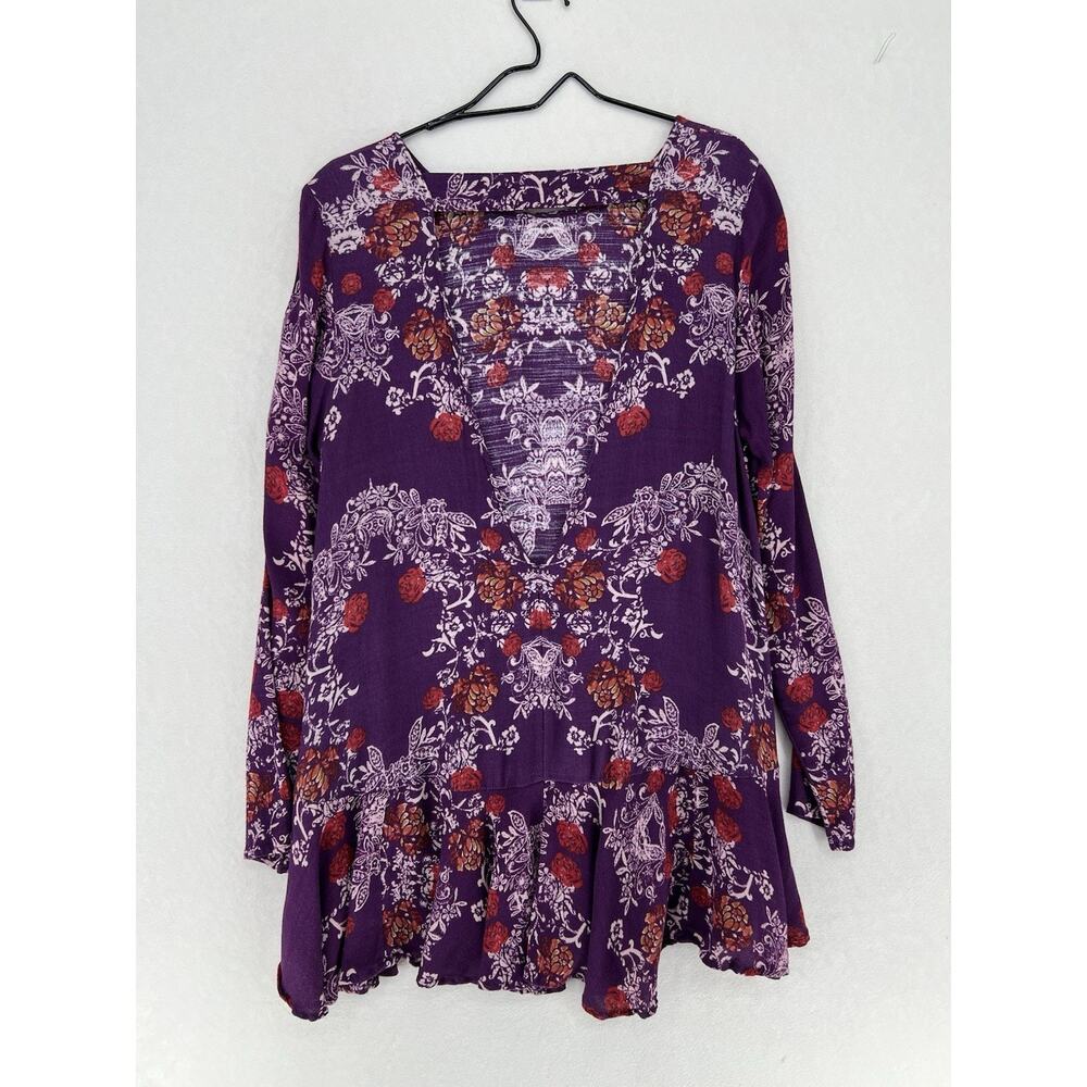 Free People Purple Floral Boho Tunic Top Open Back Bell Sleeve Womens Large - Picture 3 of 12